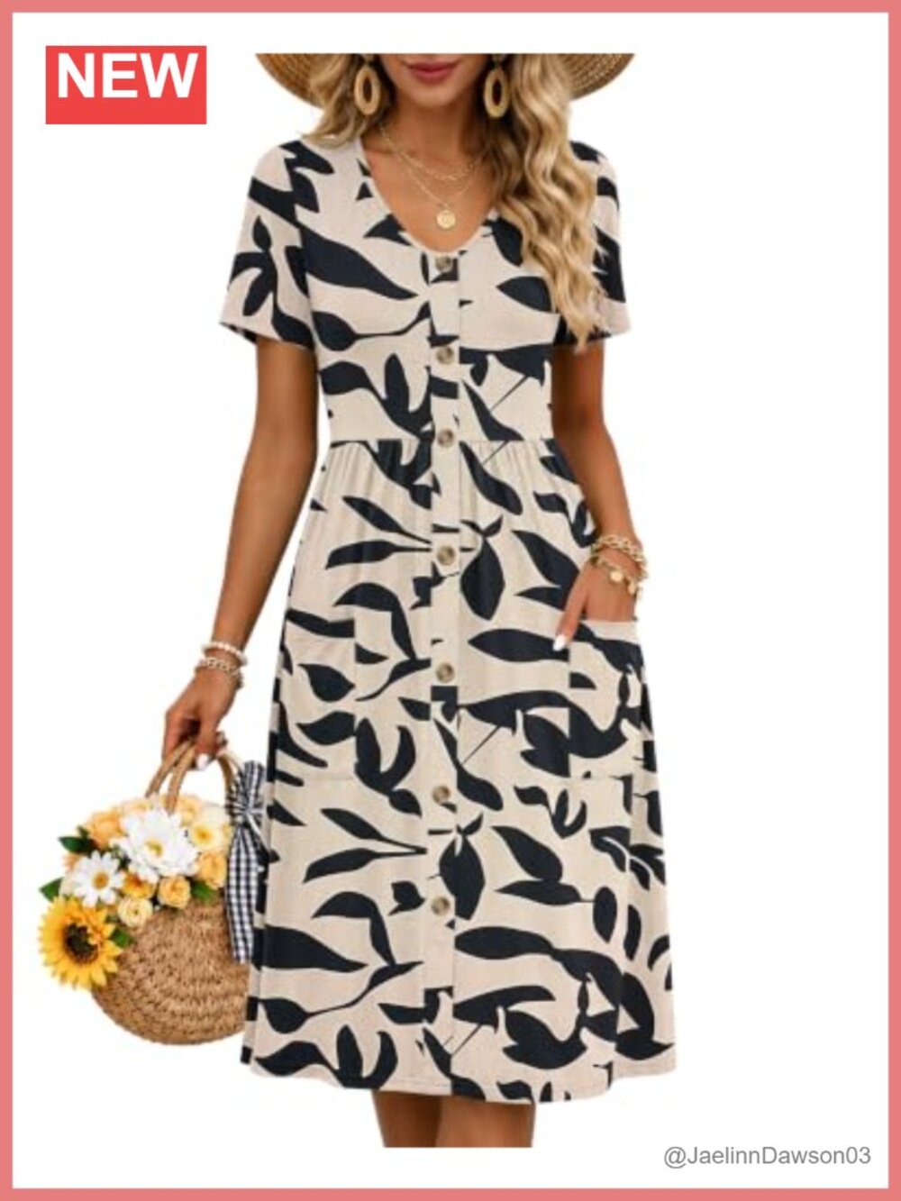 Women's Summer Casual Button Down A-Line Dress with Pockets Knee Length